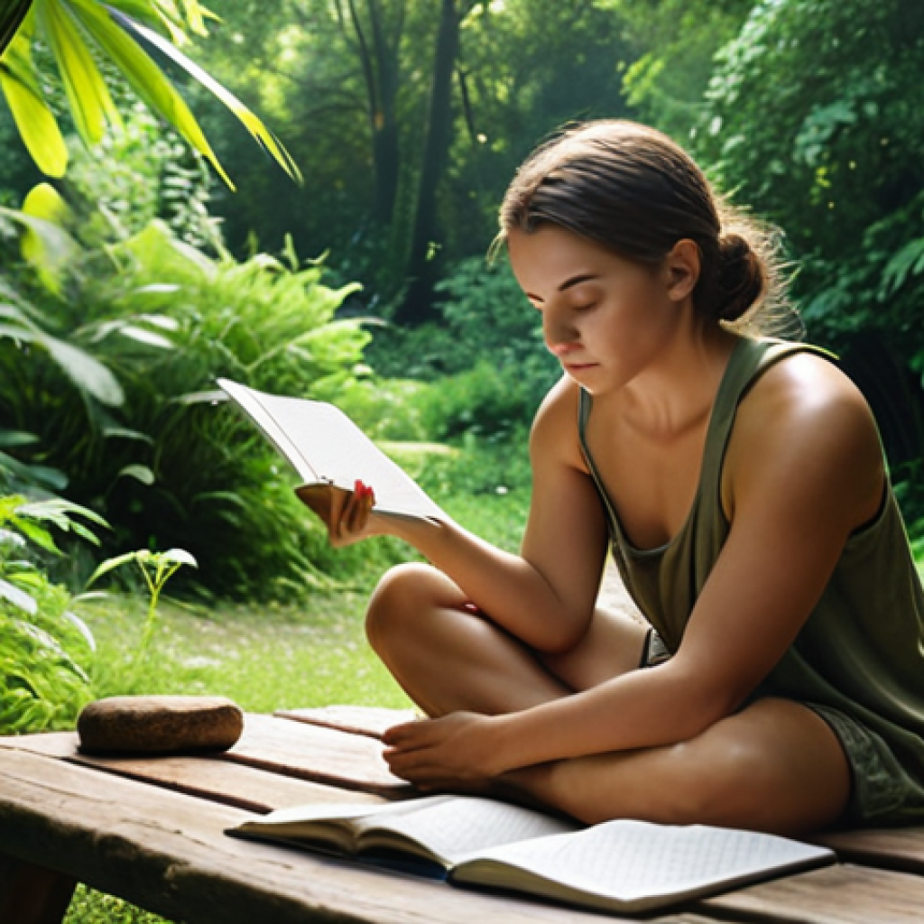**A serene individual journaling outdoors, surrounded by lush greenery, capturing the essence of emotional exploration and self-awareness.**