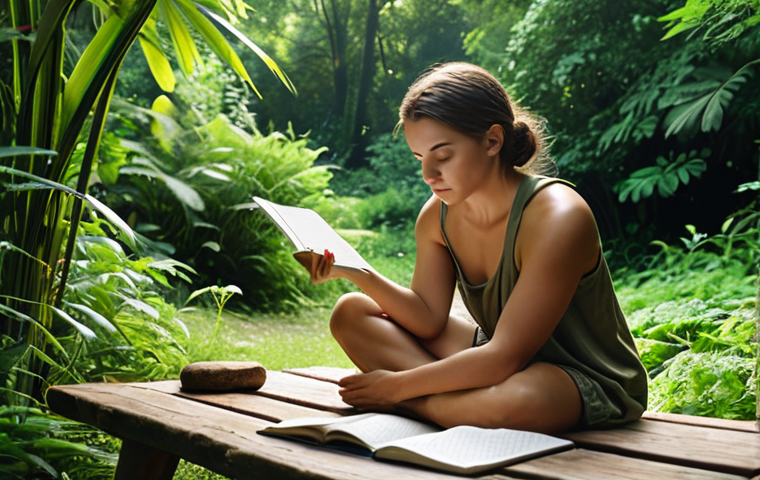 **A serene individual journaling outdoors, surrounded by lush greenery, capturing the essence of emotional exploration and self-awareness.**