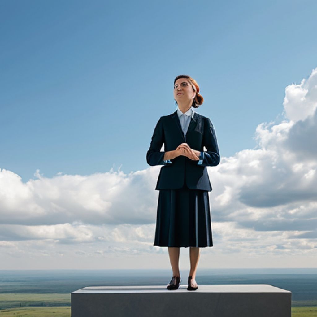 A professional individual, fully clothed in modest, contemporary business attire, standing calmly on a tranquil, elevated platform overlooking a vast, serene mental landscape. Soft, ethereal clouds representing various emotions float peacefully in the distance, observed without judgment. The individual's hands are gently clasped, and their posture is relaxed, embodying mindful breathing. The scene is bathed in soft, diffused natural light, creating an atmosphere of peace and introspection. safe for work, appropriate content, fully clothed, family-friendly, perfect anatomy, correct proportions, natural pose, well-formed hands, proper finger count, natural body proportions, professional photography, high quality.