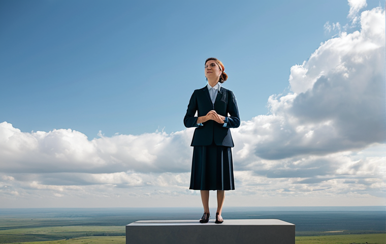 A professional individual, fully clothed in modest, contemporary business attire, standing calmly on a tranquil, elevated platform overlooking a vast, serene mental landscape. Soft, ethereal clouds representing various emotions float peacefully in the distance, observed without judgment. The individual's hands are gently clasped, and their posture is relaxed, embodying mindful breathing. The scene is bathed in soft, diffused natural light, creating an atmosphere of peace and introspection. safe for work, appropriate content, fully clothed, family-friendly, perfect anatomy, correct proportions, natural pose, well-formed hands, proper finger count, natural body proportions, professional photography, high quality.