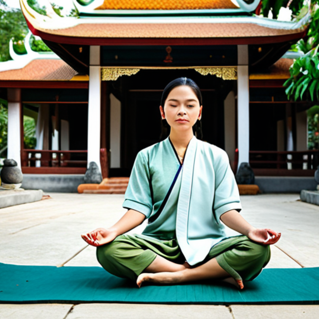 **
"A woman practicing mindfulness meditation in a serene Thai temple garden, fully clothed in modest traditional clothing, safe for work, appropriate content, natural pose, perfect anatomy, family-friendly scene, professional photography, high quality."
**
