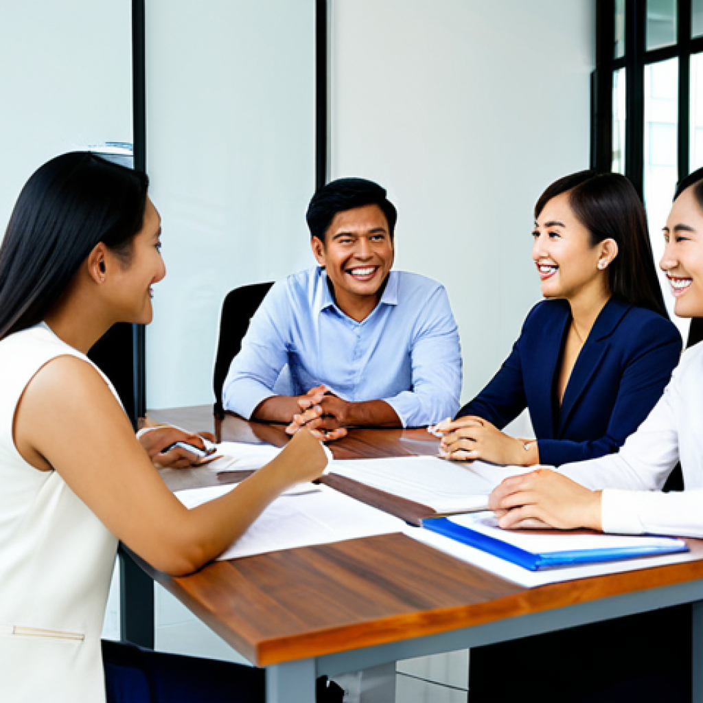 **
A diverse team of Thai professionals collaborating around a table in a modern, light-filled Bangkok office. Everyone is smiling and engaged in the discussion. Focus on body language that conveys respect and active listening. Use soft, natural lighting to create a welcoming atmosphere. fully clothed, appropriate attire, safe for work, perfect anatomy, natural proportions, professional photography, high quality, professional, modest, family-friendly.
**