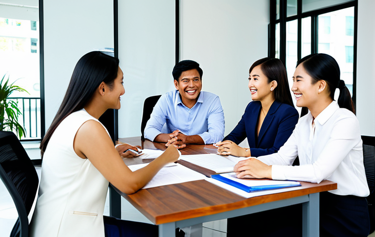 **
A diverse team of Thai professionals collaborating around a table in a modern, light-filled Bangkok office. Everyone is smiling and engaged in the discussion. Focus on body language that conveys respect and active listening. Use soft, natural lighting to create a welcoming atmosphere. fully clothed, appropriate attire, safe for work, perfect anatomy, natural proportions, professional photography, high quality, professional, modest, family-friendly.
**