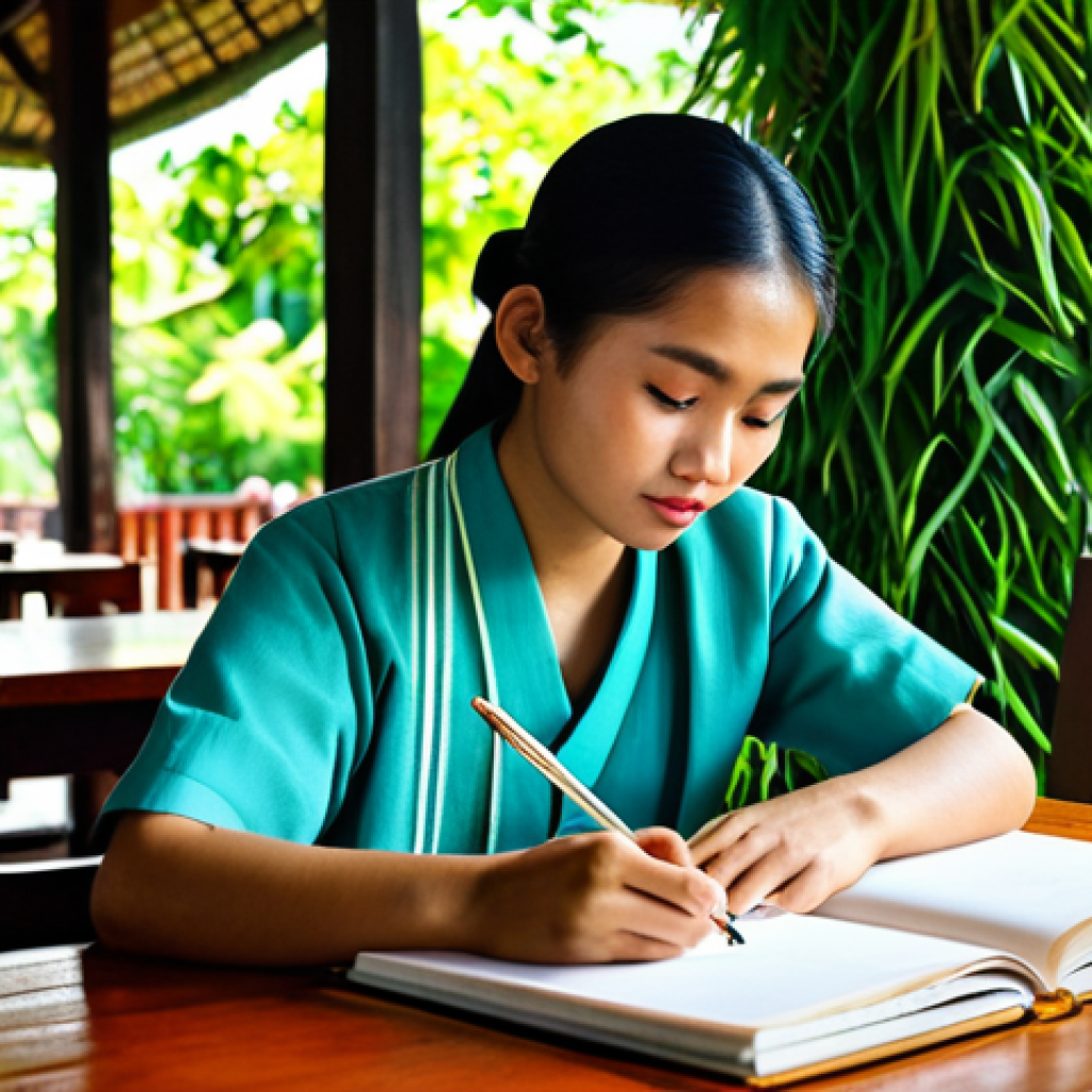 정서적 민첩성의 향상을 위한 진화적 접근 - **Prompt:** A young Thai woman journaling in a sunlit cafe in Chiang Mai, surrounded by lush greener...