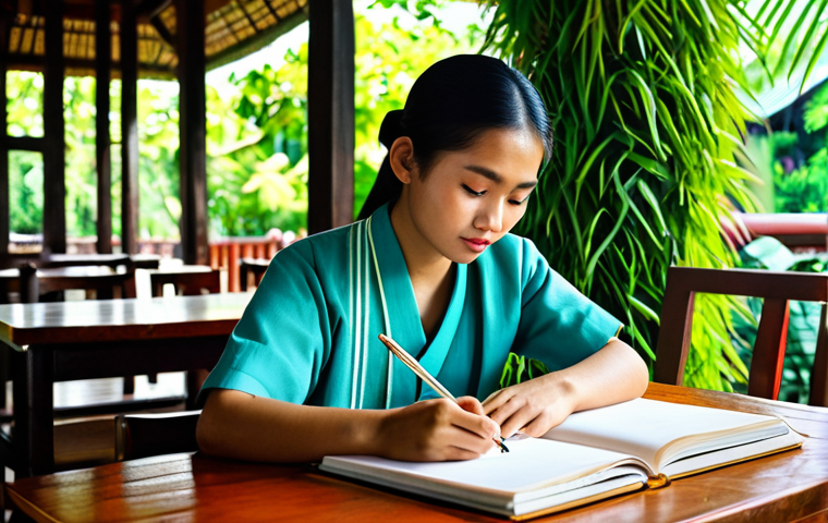 정서적 민첩성의 향상을 위한 진화적 접근 - **Prompt:** A young Thai woman journaling in a sunlit cafe in Chiang Mai, surrounded by lush greener...