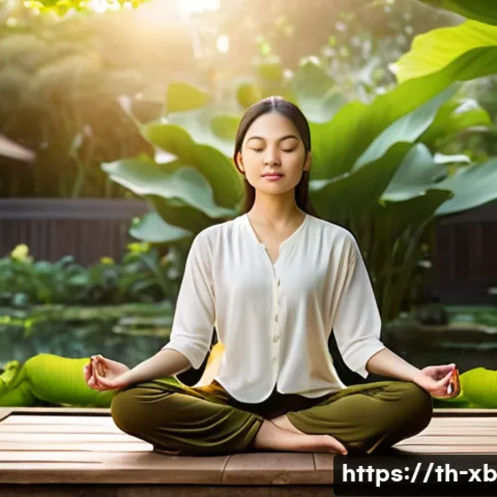 정서적 민첩성을 위한 마인드풀니스 훈련 - A serene scene of a young Asian woman practicing mindfulness meditation in a peaceful Thai garden at...