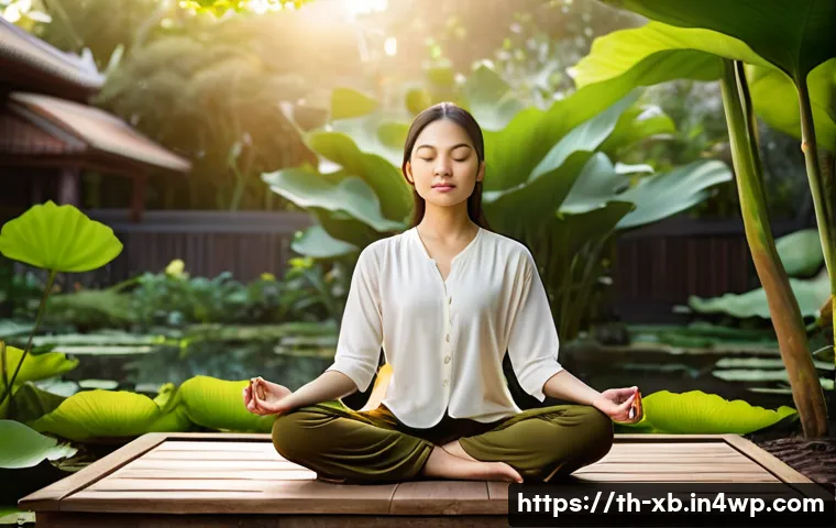 정서적 민첩성을 위한 마인드풀니스 훈련 - A serene scene of a young Asian woman practicing mindfulness meditation in a peaceful Thai garden at...