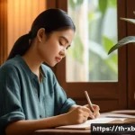 Home 21 정서적 민첩성 개발을 위한 반성적 실천 - A serene image of a young Thai woman sitting peacefully in a cozy, softly lit room, journaling her e...