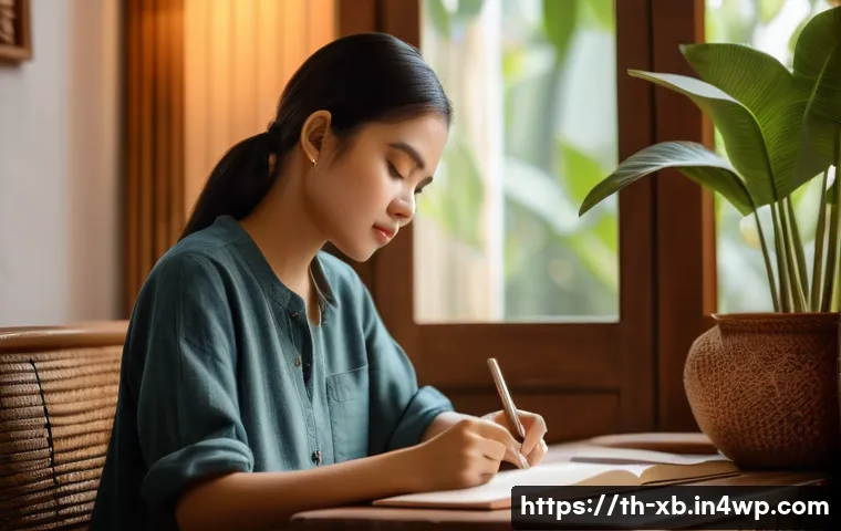 정서적 민첩성 개발을 위한 반성적 실천 - A serene image of a young Thai woman sitting peacefully in a cozy, softly lit room, journaling her e...