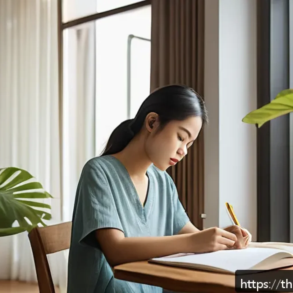 정서적 민첩성을 기르기 위한 문제 해결 기술 - A serene scene of a young Thai woman sitting peacefully in a cozy, modern Bangkok apartment, journal...