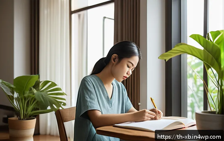 정서적 민첩성을 기르기 위한 문제 해결 기술 - A serene scene of a young Thai woman sitting peacefully in a cozy, modern Bangkok apartment, journal...