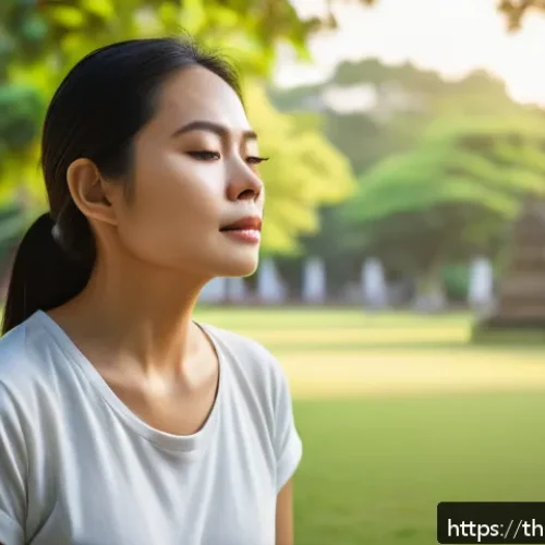 Home 30 정서적 민첩성 향상을 위한 진단 및 평가 - A serene Thai adult woman practicing mindful deep breathing in a peaceful urban park during early mo...