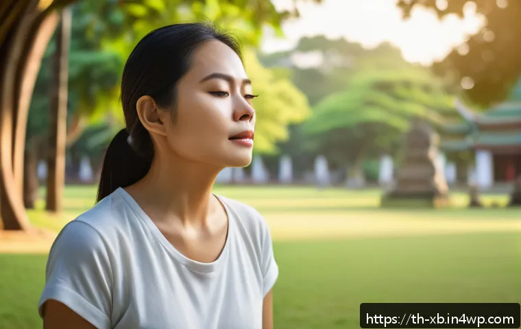 정서적 민첩성 향상을 위한 진단 및 평가 - A serene Thai adult woman practicing mindful deep breathing in a peaceful urban park during early mo...