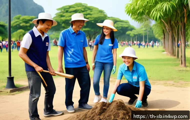 정서적 민첩성을 위한 커뮤니티 활동 - A diverse group of adults participating in a community volunteer event in a lively urban park in Tha...
