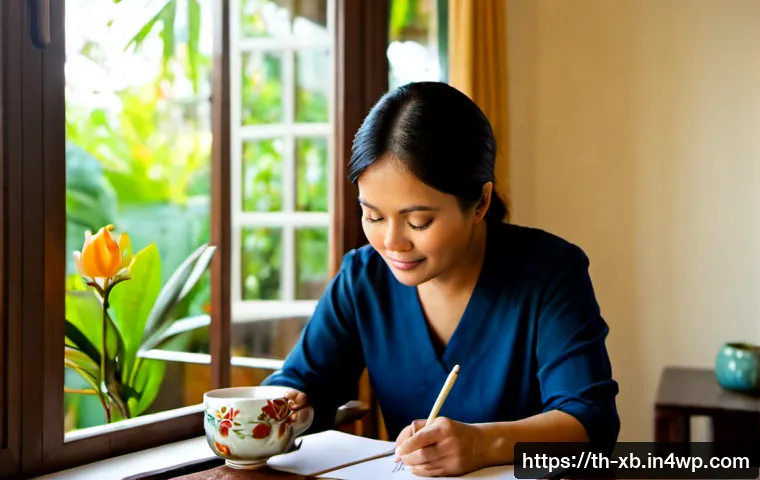 Home 17 정서적 민첩성을 높이기 위한 다양한 활동 - Photorealistic Thai woman in her early 40s practicing emotional agility at a calm home desk, pausing...